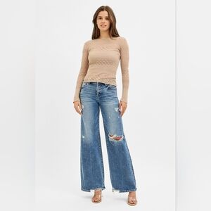 Risen MR Tummy Control Medium Wash Wide Leg Denim Jeans Distressed Various NEW